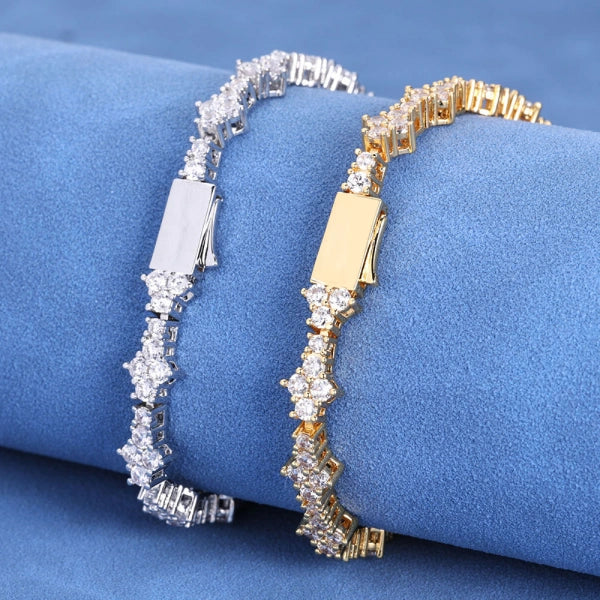 S925 Moissanit 7mm Iced Out Snowflake Tennisarmbånd – Hvidforgyldt