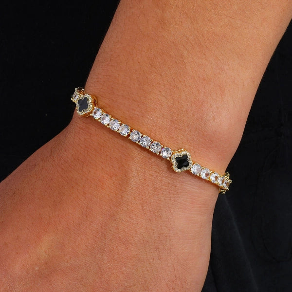 S925 Moissanit 4mm Iced Out Sort Kløver Tennisarmbånd – Hvidforgyldt