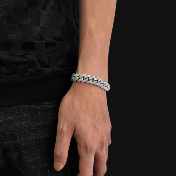S925 Moissanit 12mm Iced Out Dobbelt Række Cubansk Armbånd – Hvidforgyldt