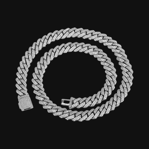 S925 Moissanite 12mm Iced Out Double Row Cuban Chain – White Gold Plated