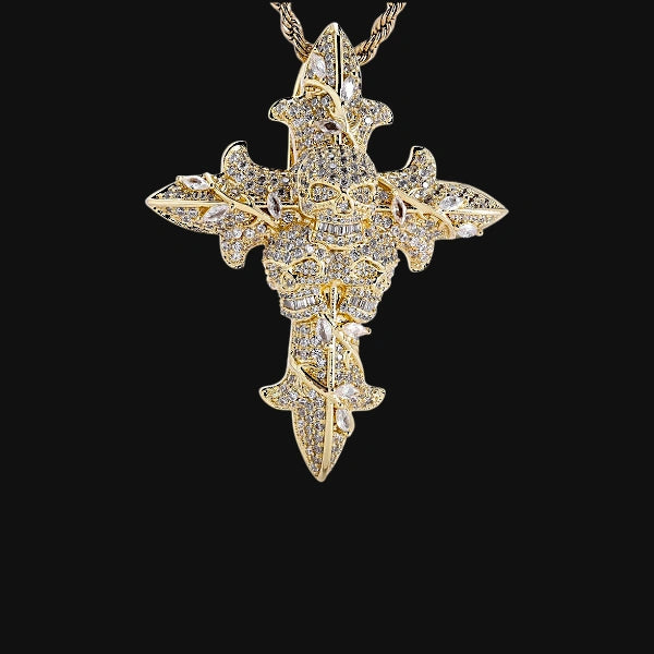 Iced Out Skull Cross Pendant – White Gold Plated