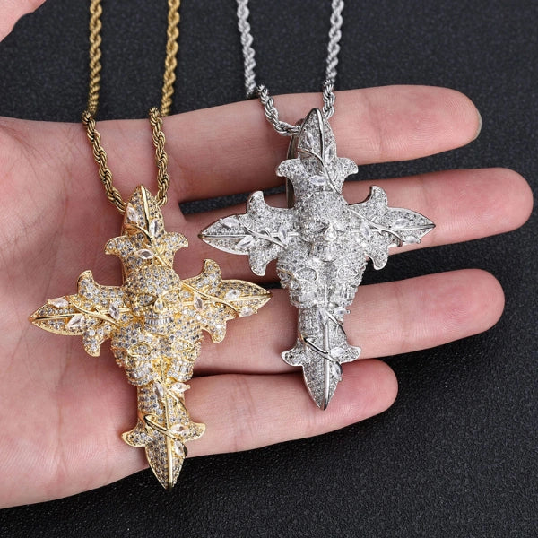 Iced Out Skull Cross Pendant – White Gold Plated