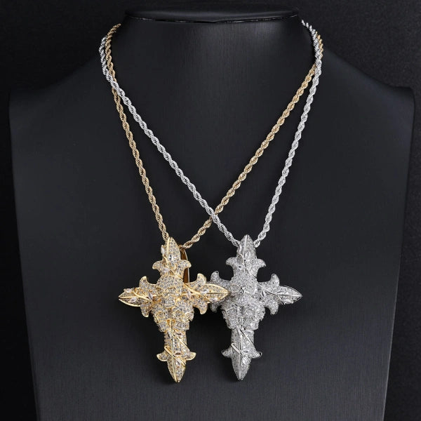 Iced Out Skull Cross Pendant – White Gold Plated