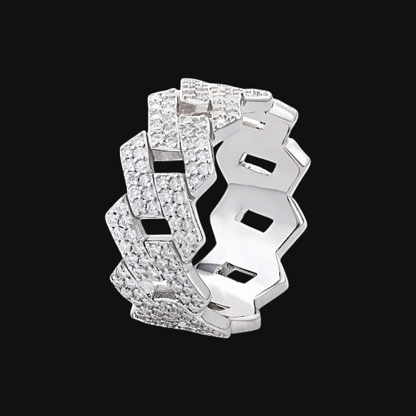 S925 Moissanite Iced Cuban Link Ring – White Gold Plated
