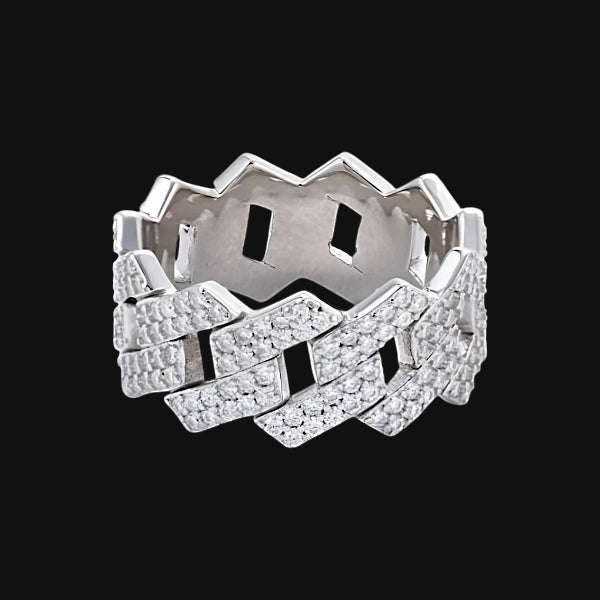 S925 Moissanite Iced Cuban Link Ring – White Gold Plated