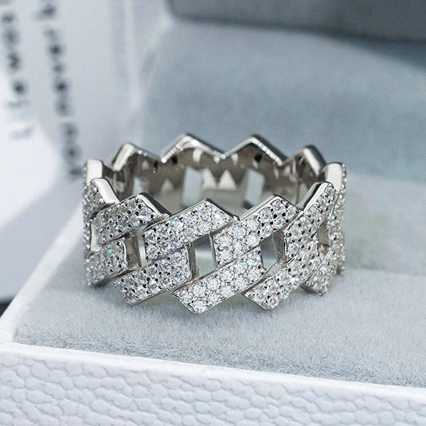 S925 Moissanite Iced Cuban Link Ring – White Gold Plated