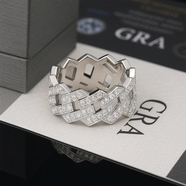 S925 Moissanite Iced Cuban Link Ring – White Gold Plated