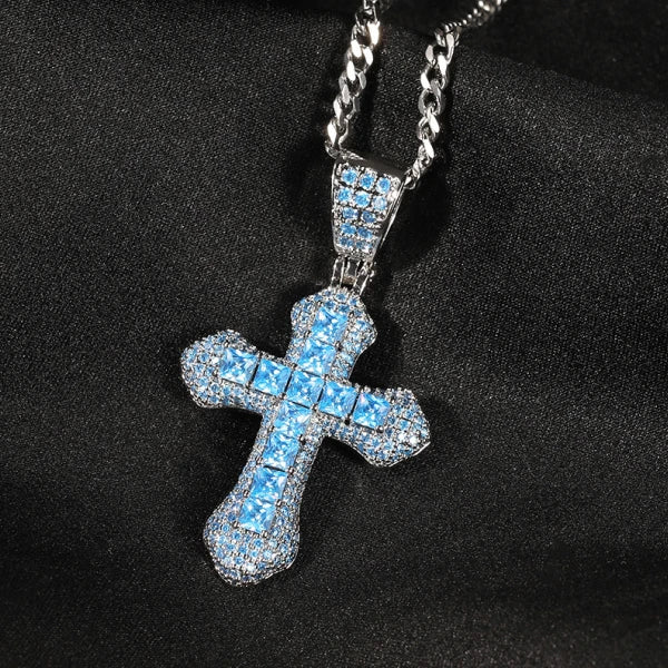 Iced Out Blue Cross Pendant – White Gold Plated