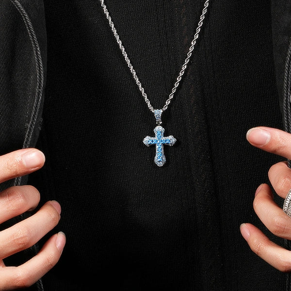 Iced Out Blue Cross Pendant – White Gold Plated