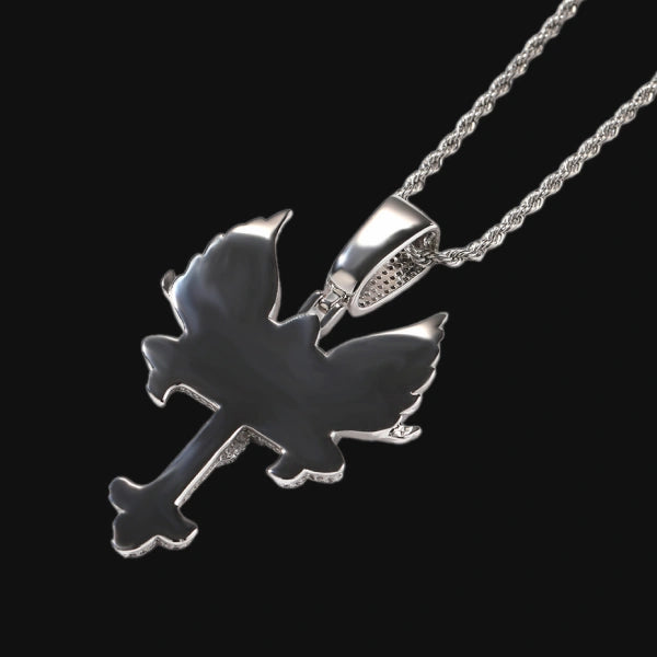 Pendentif Croix Ailes d'Ange Plaqué Or Blanc