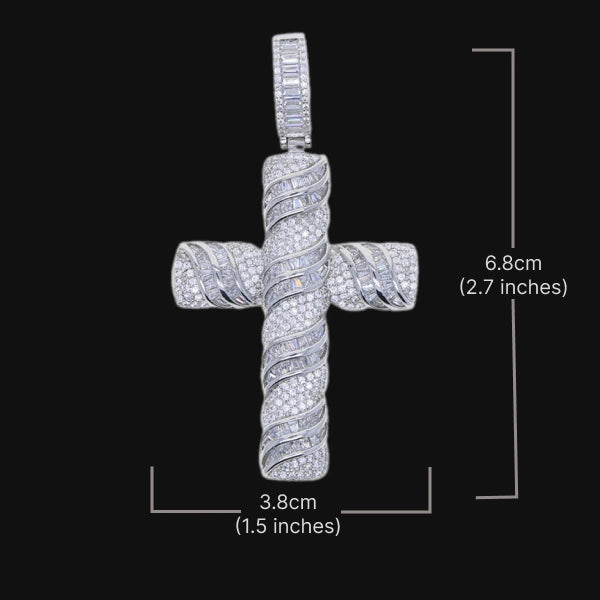 Pendentif Croix Spirale Glacée–Plaqué Or Blanc