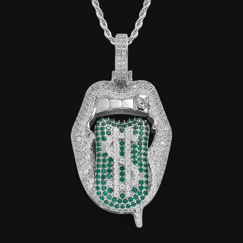 Dripping Money Tongue Pendant – White Gold Plated