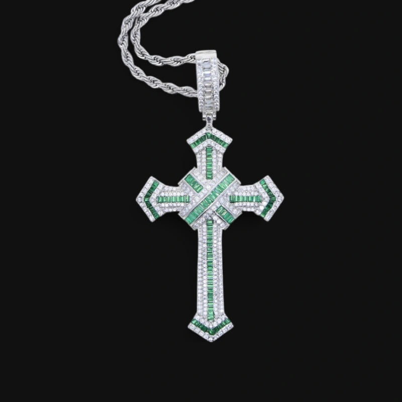 Mehrfarbiger Iced Cross Anhänger – Weißgold plattiert