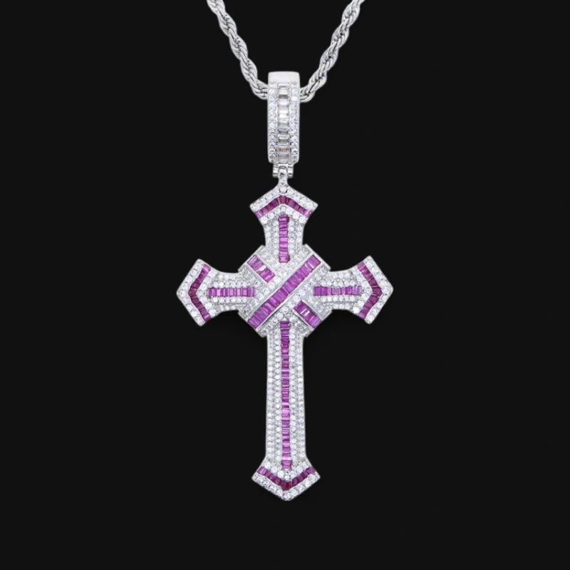 Mehrfarbiger Iced Cross Anhänger – Weißgold plattiert
