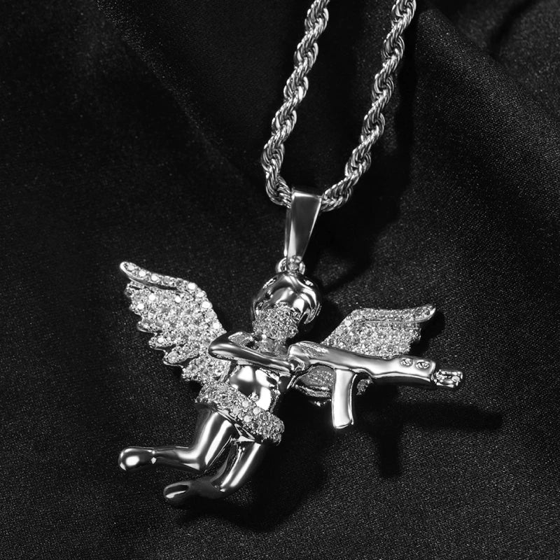Iced Out AK Angel Pendant - White Gold Plated