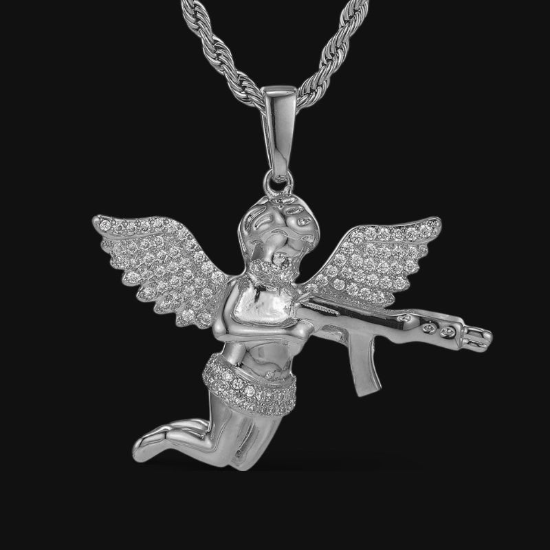 Iced Out AK Angel Pendant - White Gold Plated