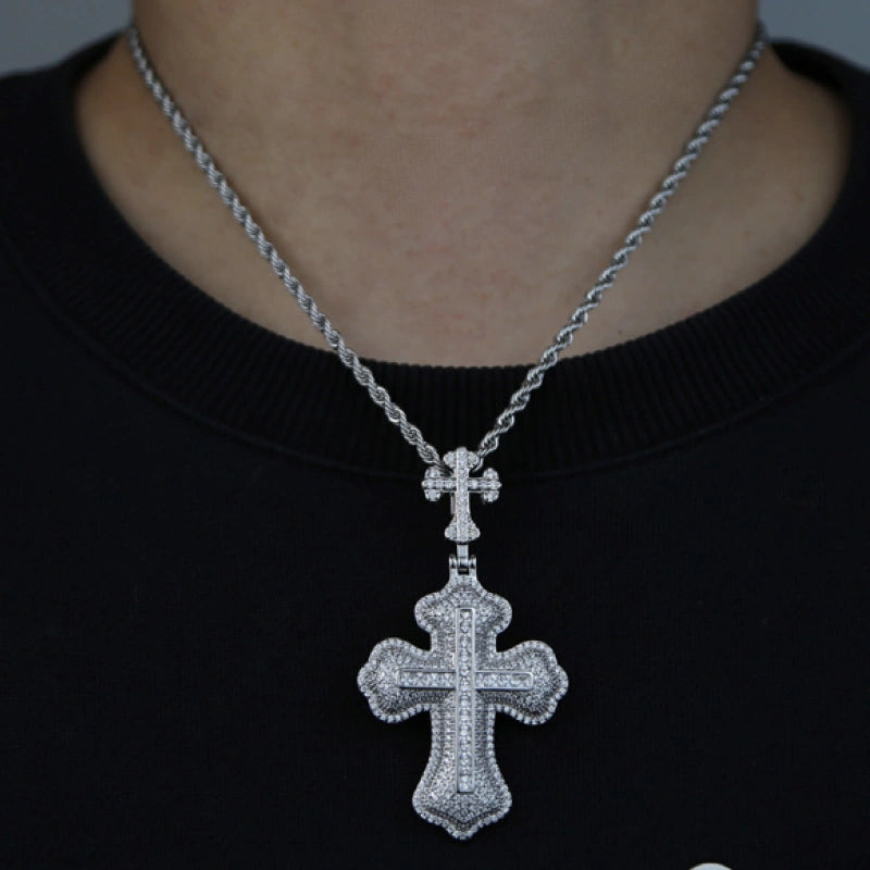 Pendentif Double Croix Glacé-Plaqué Or Blanc
