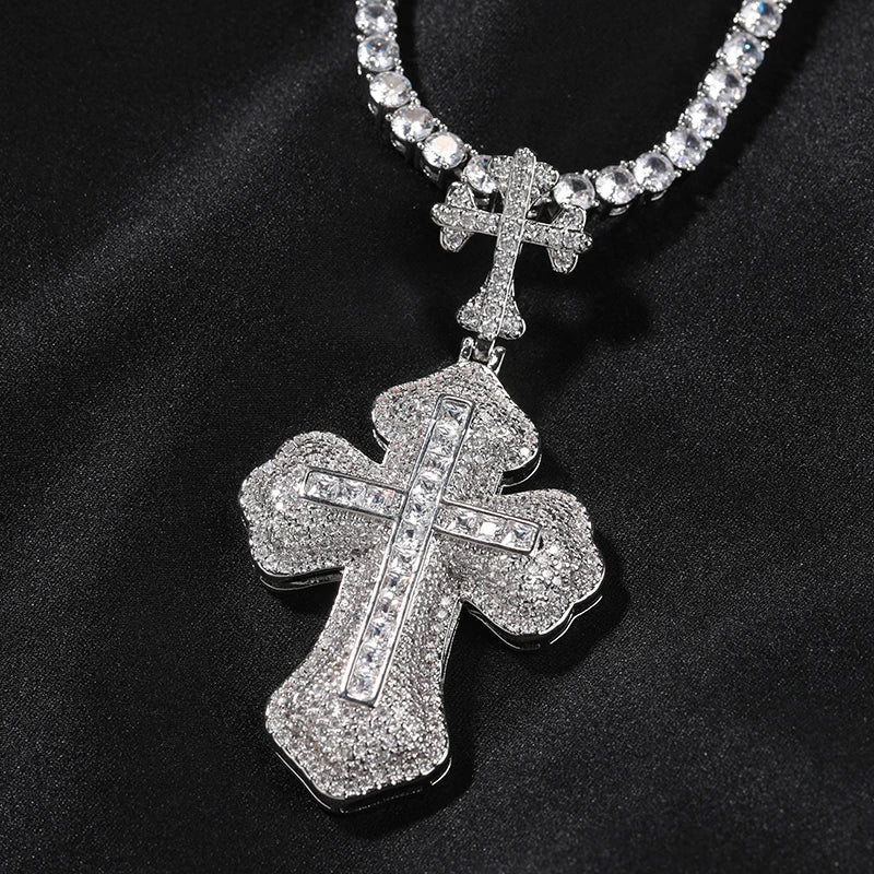 Pendentif Double Croix Glacé-Plaqué Or Blanc