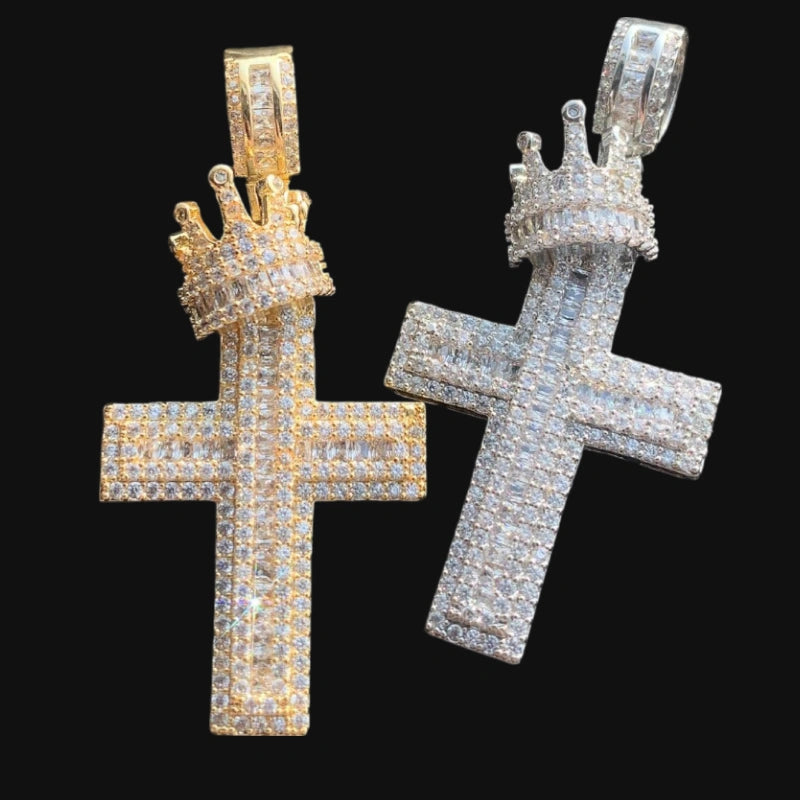 King’s Crown Cross Pendant – White Gold Plated