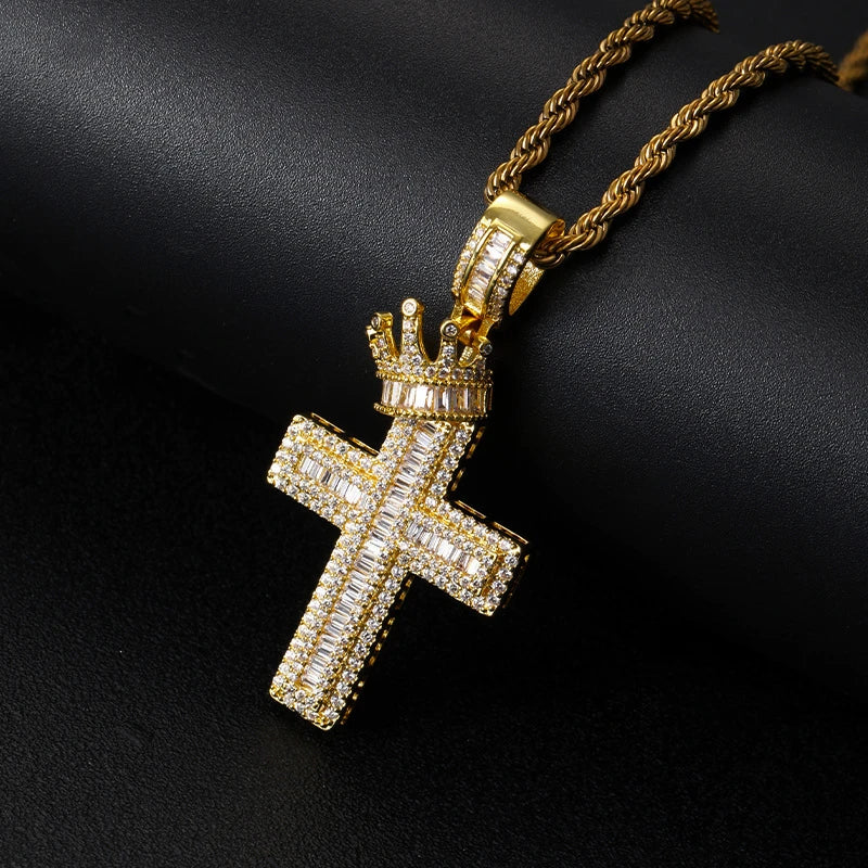 King’s Crown Cross Pendant – White Gold Plated