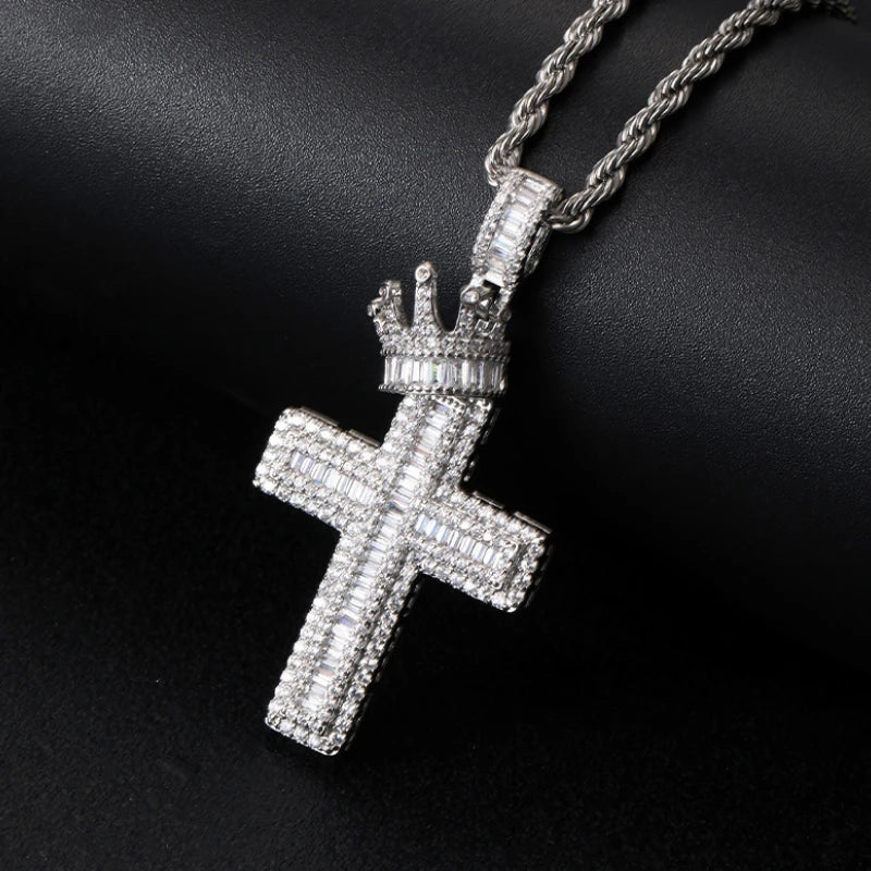 King’s Crown Cross Pendant – White Gold Plated