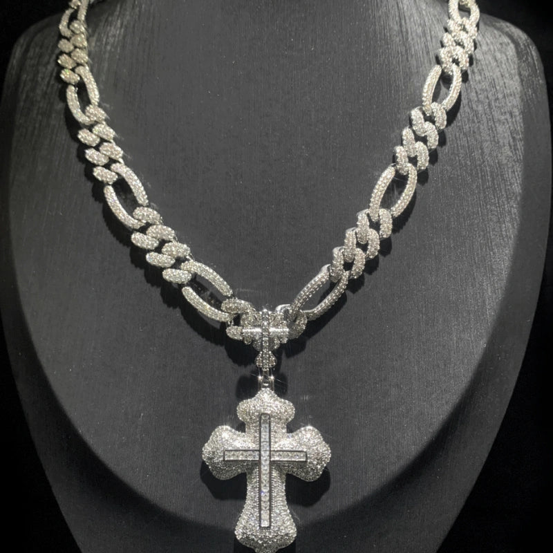 Pendentif Double Croix Glacé-Plaqué Or Blanc