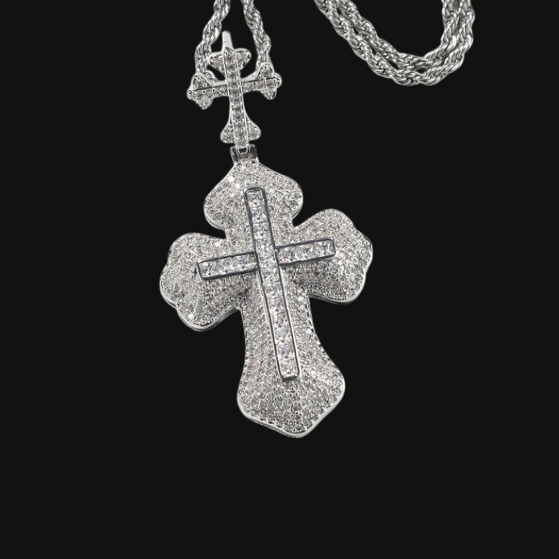 Pendentif Double Croix Glacé-Plaqué Or Blanc
