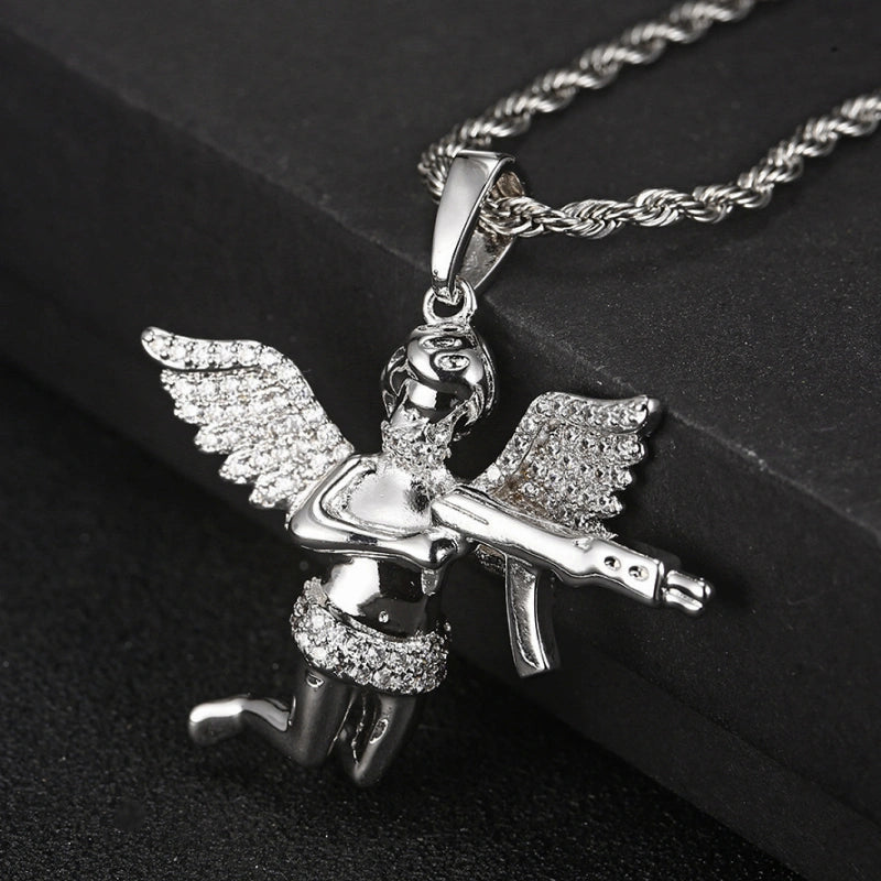 Iced Out AK Angel Pendant - White Gold Plated