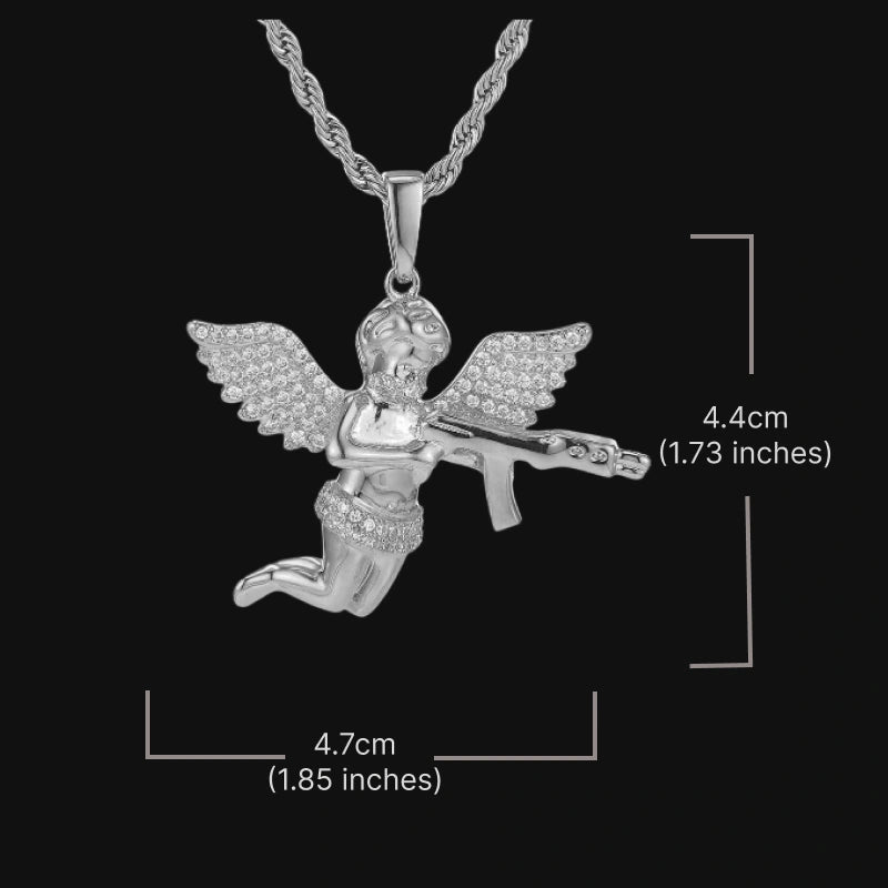 Iced Out AK Angel Pendant - White Gold Plated