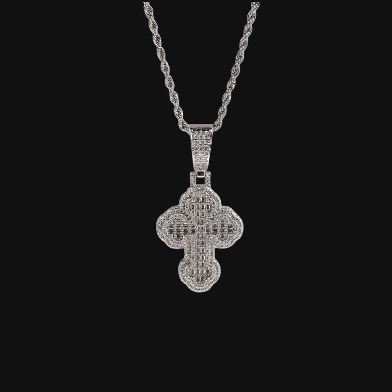 Iced Out Rounded Cross Pendant - White Gold Plated