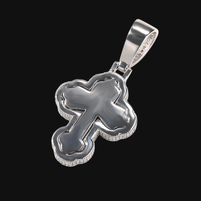Iced Out Rounded Cross Pendant - White Gold Plated