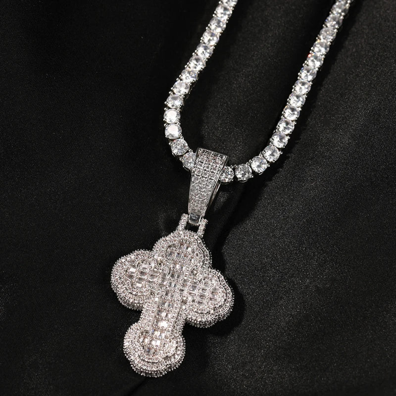 Iced Out Rounded Cross Pendant - White Gold Plated