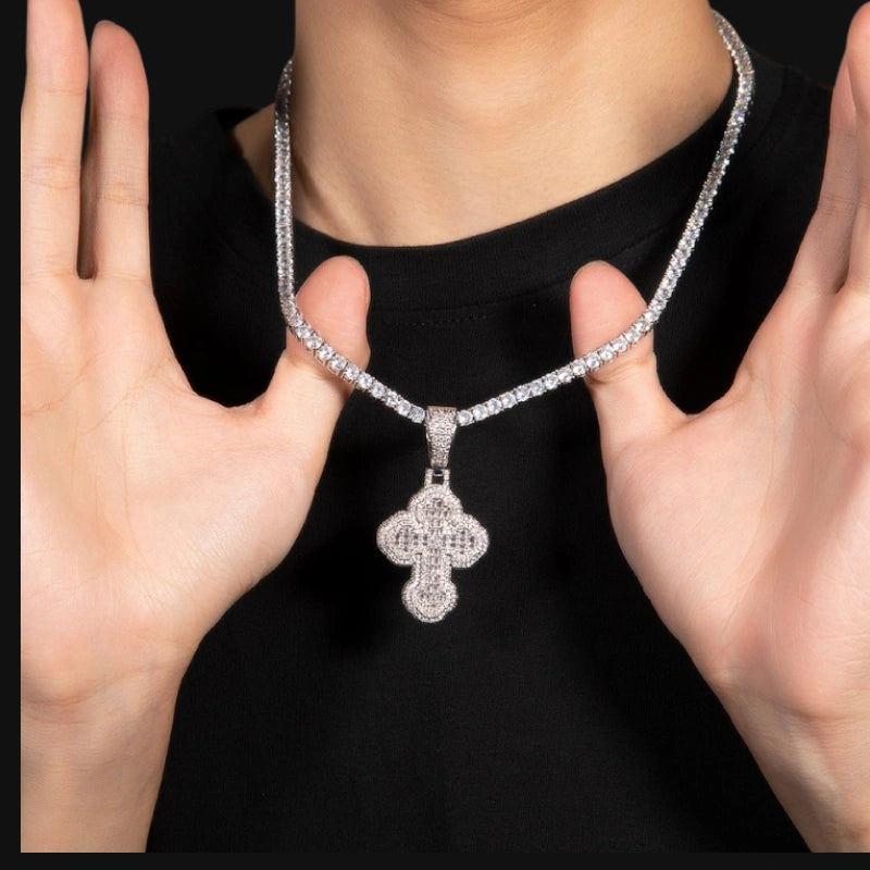 Iced Out Rounded Cross Pendant - White Gold Plated