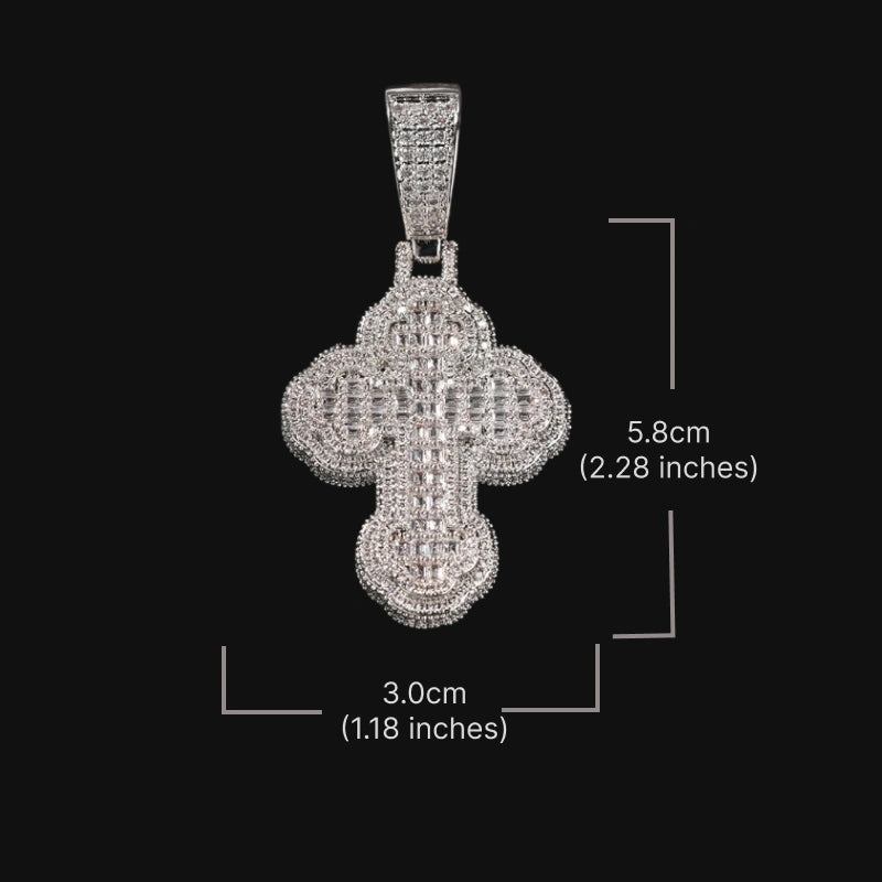 Iced Out Rounded Cross Pendant - White Gold Plated