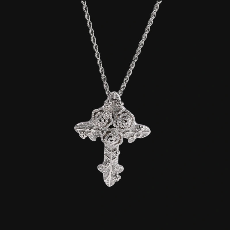 Gothic Rose Iced Cross - Hvidguld belagt