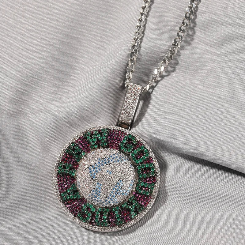Iced Out Spinning Pendant – White Gold Plated