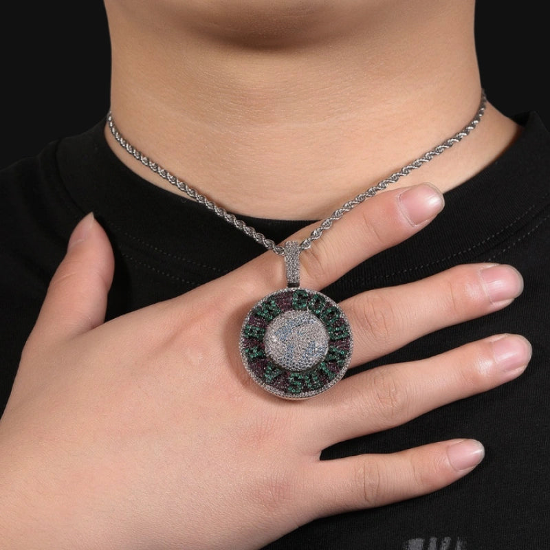Iced Out Spinning Pendant – White Gold Plated