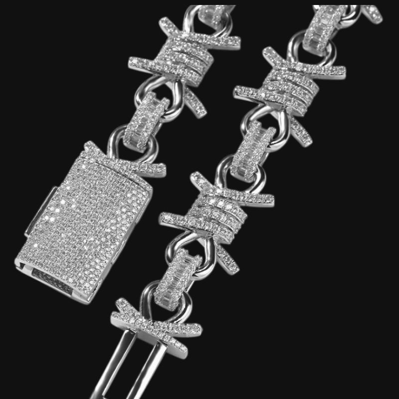 Iced Out Stacheldraht Kubanisches Armband - Weißgold plattiert