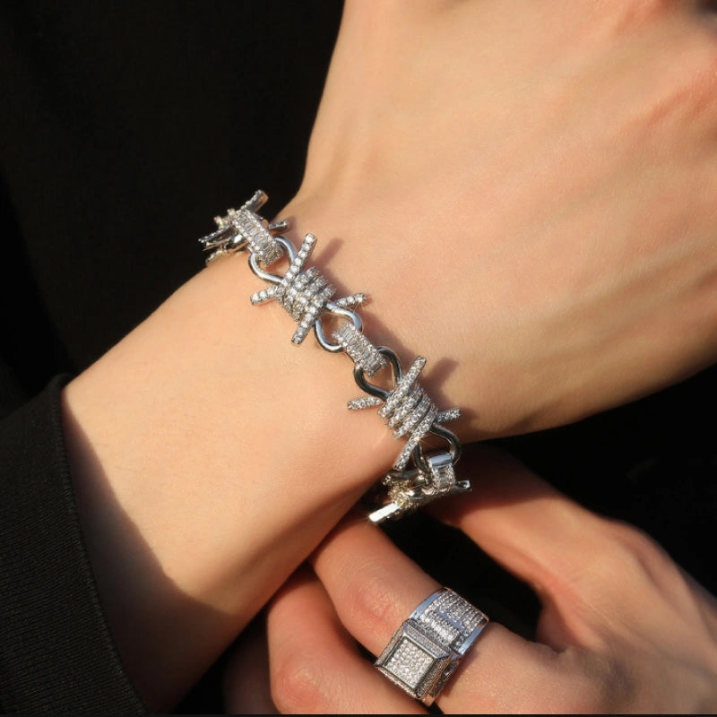 Iced Out Stacheldraht Kubanisches Armband - Weißgold plattiert