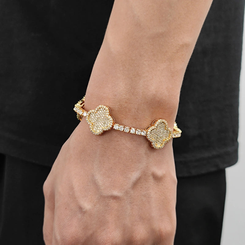 4-Blatt-Kleeblatt-Tropfenarmband - Weiß & Gold