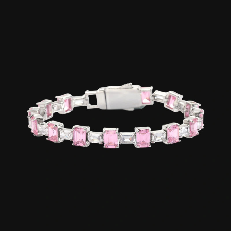 Tennisarmband im Baguette-Stil in Rosa und Weiß – Weißgold plattiert