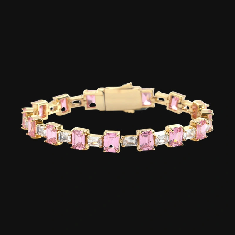 Tennisarmband im Baguette-Stil in Rosa und Weiß – Weißgold plattiert