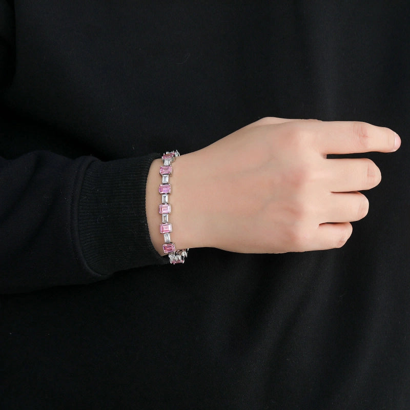 Tennisarmband im Baguette-Stil in Rosa und Weiß – Weißgold plattiert