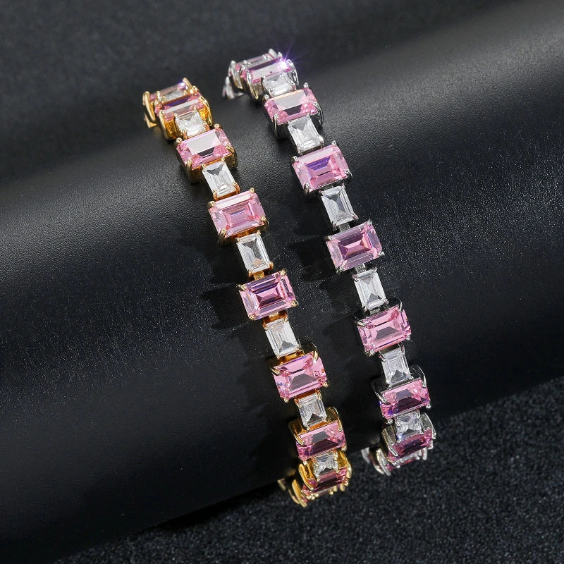 Tennisarmband im Baguette-Stil in Rosa und Weiß – Weißgold plattiert