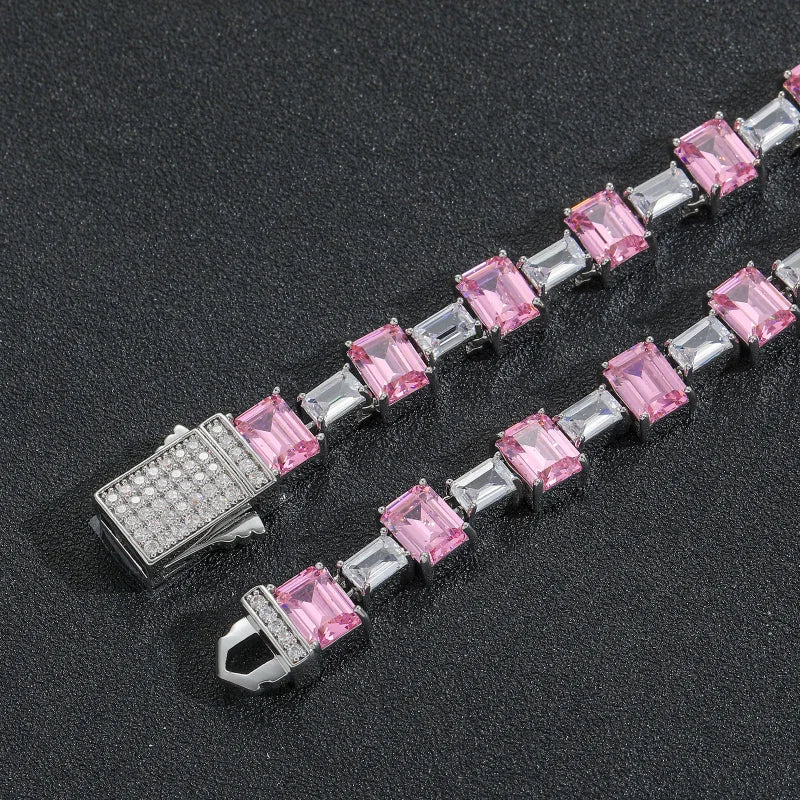 Tennisarmband im Baguette-Stil in Rosa und Weiß – Weißgold plattiert