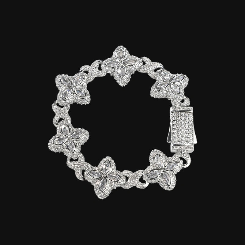Iced Out blomster cubanske armbånd - hvidguld belagt