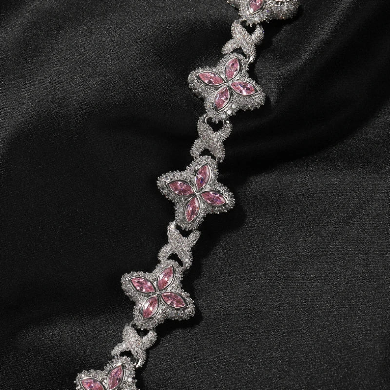 Iced Out blomster cubanske armbånd - hvidguld belagt