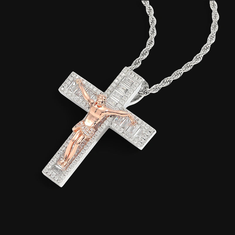 Iced Out Baguette Jesus Cross Pendant - White Gold Plated
