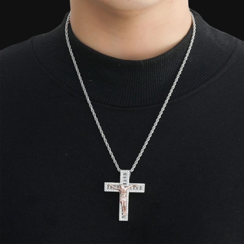 Iced Out Baguette Jesus Cross Pendant - White Gold Plated