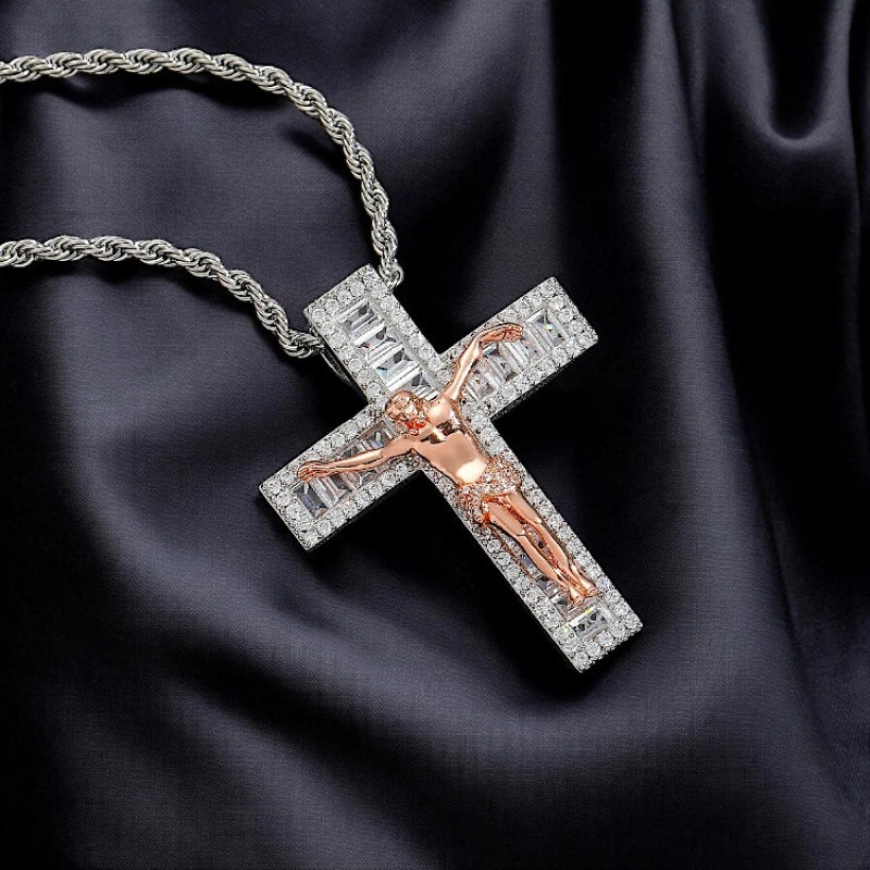 Iced Out Baguette Jesus Cross Pendant - White Gold Plated
